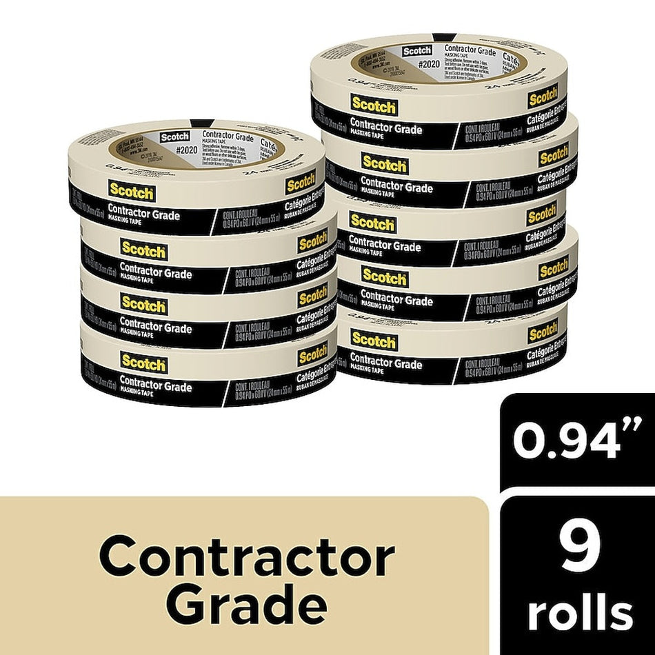 3M Scotch Contractor Grade Masking Tape 2020-24AP9, 0.94 in × 60.1 yd (24 mm x 55 m), 9 Rolls/Pack