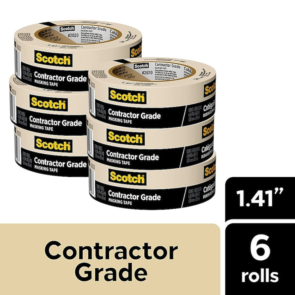 3M Scotch Contractor Grade Masking Tape 2020-36AP6, 1.41 in × 60.1 yd (36 mm x 55 m), 6 Rolls/Pack