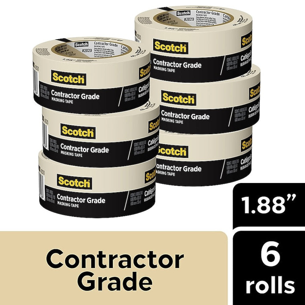 3M Scotch Contractor Grade Masking Tape 2020-48A-CP, 1.88 in × 60.1 yd (48 mm x 55 m), 6 Rolls/Pack