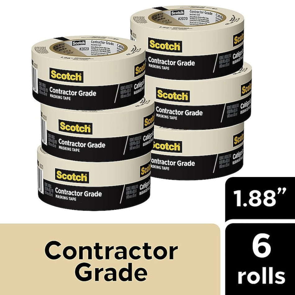 3M Scotch Contractor Grade Masking Tape 2020-48A-CP, 1.88 in × 60.1 yd (48 mm x 55 m), 6 Rolls/Pack