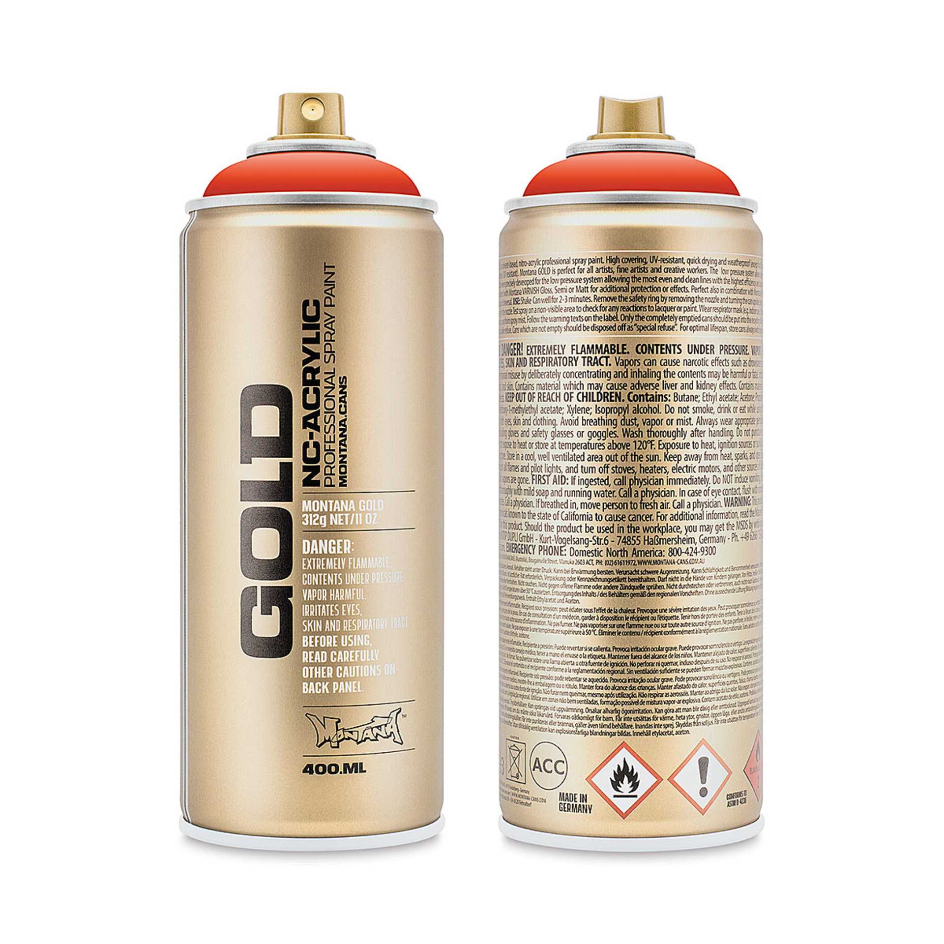 Montana-Cans 01425-3380 Montana Gold NC-Acrylic Professional Spray Paint - Red Orange, 400 ml Can
