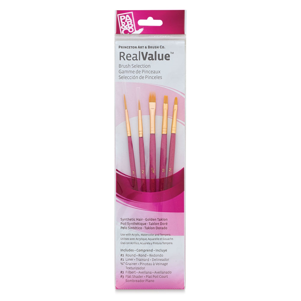 Princeton Art & Brush 06223-9184 Real Value Brush Set - 9184, Golden Taklon, Short Handle, Set of 5
