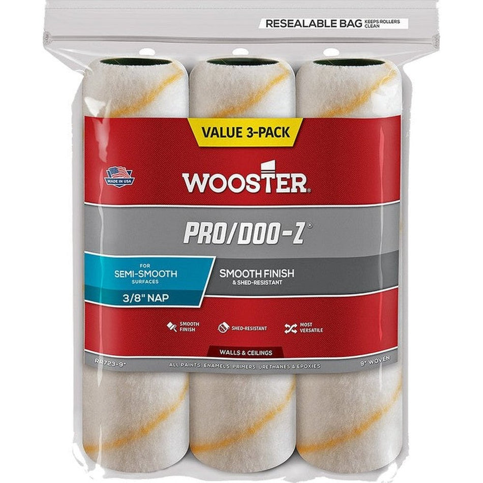 Wooster RR723 9" Pro/Doo-Z 3/8" Nap Roller Cover 3-Pack