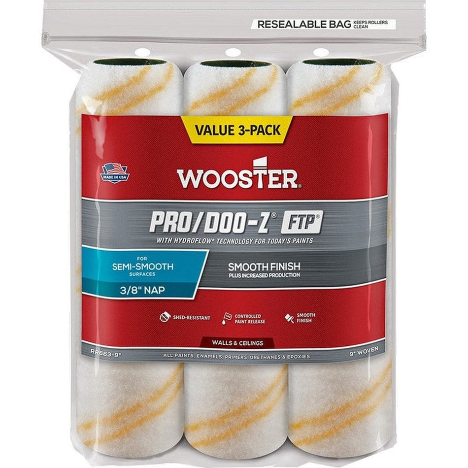Wooster RR663 9" Pro/Doo-Z FTP 3/8" Nap Roller Cover 3-Pack