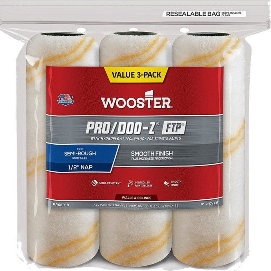 Wooster RR669 9" Pro/Doo-Z FTP ½" Nap Roller Cover 3-Pack