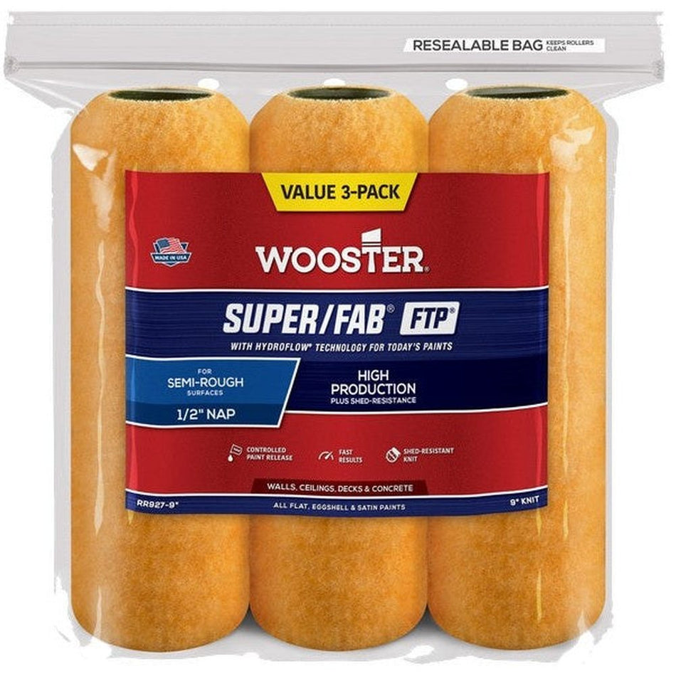 Wooster RR927 9" Super/Fab FTP ½" Nap Roller Cover 3-Pack
