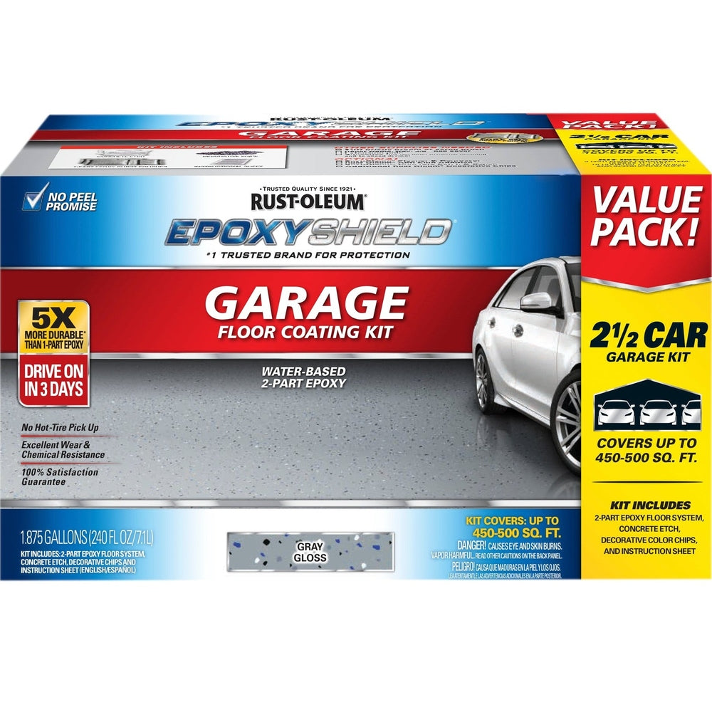 Rust-Oleum EpoxyShield 251870 2-½ Car Garage Kit Gloss Gray Water-Based 2-Part Epoxy Garage Floor Coating Kit