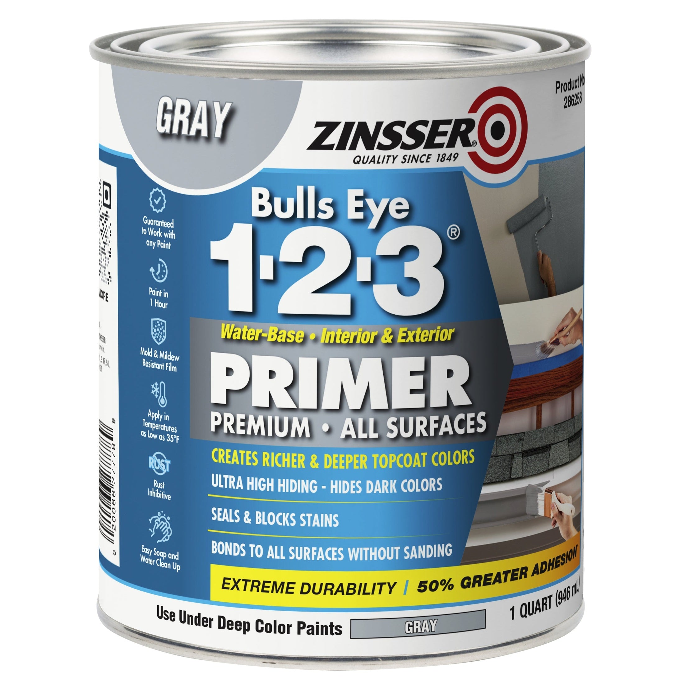 Rust-Oleum Zinsser 286258 Bulls Eye 1-2-3 Water-Base Primer, Gray, 1 Quart