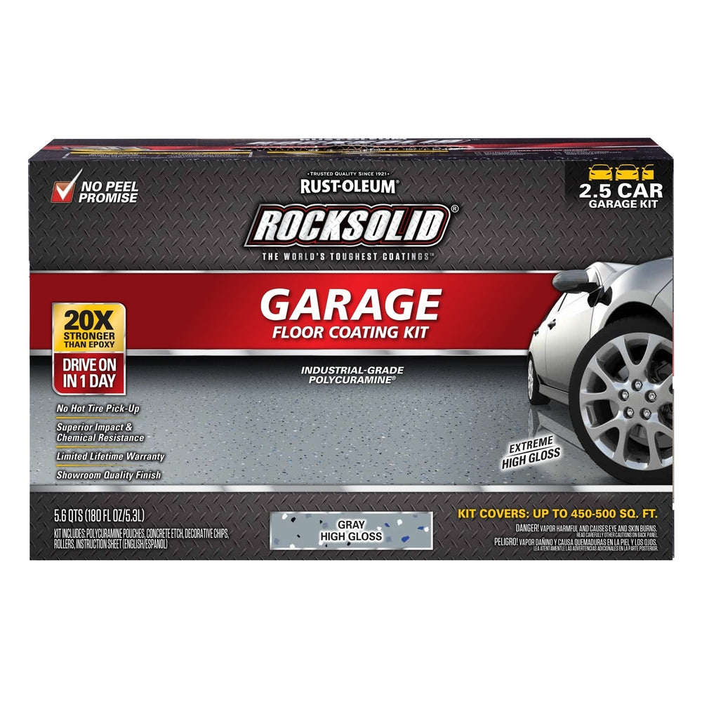 Rust-Oleum RockSolid 293513 Garage Floor Coating Kit, 2.5 Car Garage Kit, High Gloss, Gray, 180 fl. oz.