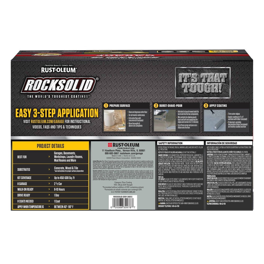 Rust-Oleum RockSolid 293513 Garage Floor Coating Kit, 2.5 Car Garage Kit, High Gloss, Gray, 180 fl. oz.