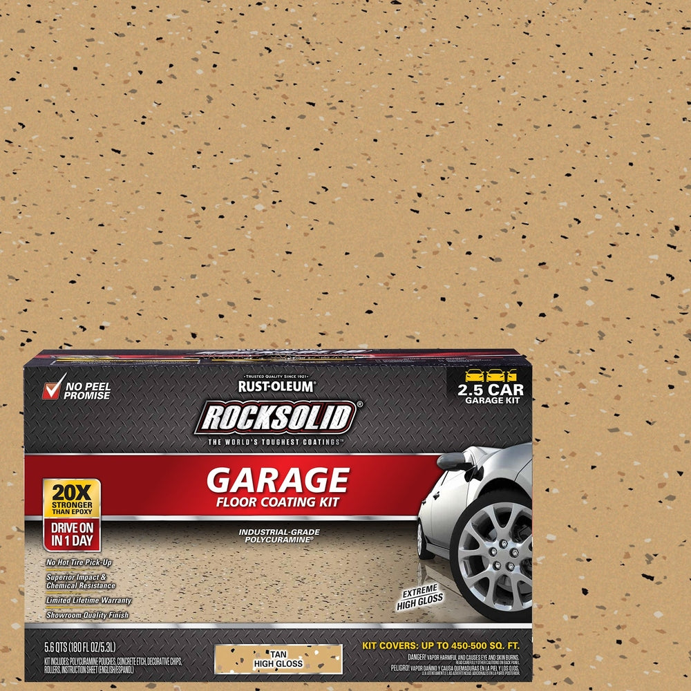 Rust-Oleum RockSolid 293515 Garage Floor Coating Kit, 2.5 Car Garage Kit, High Gloss, Tan, 180 fl. oz.