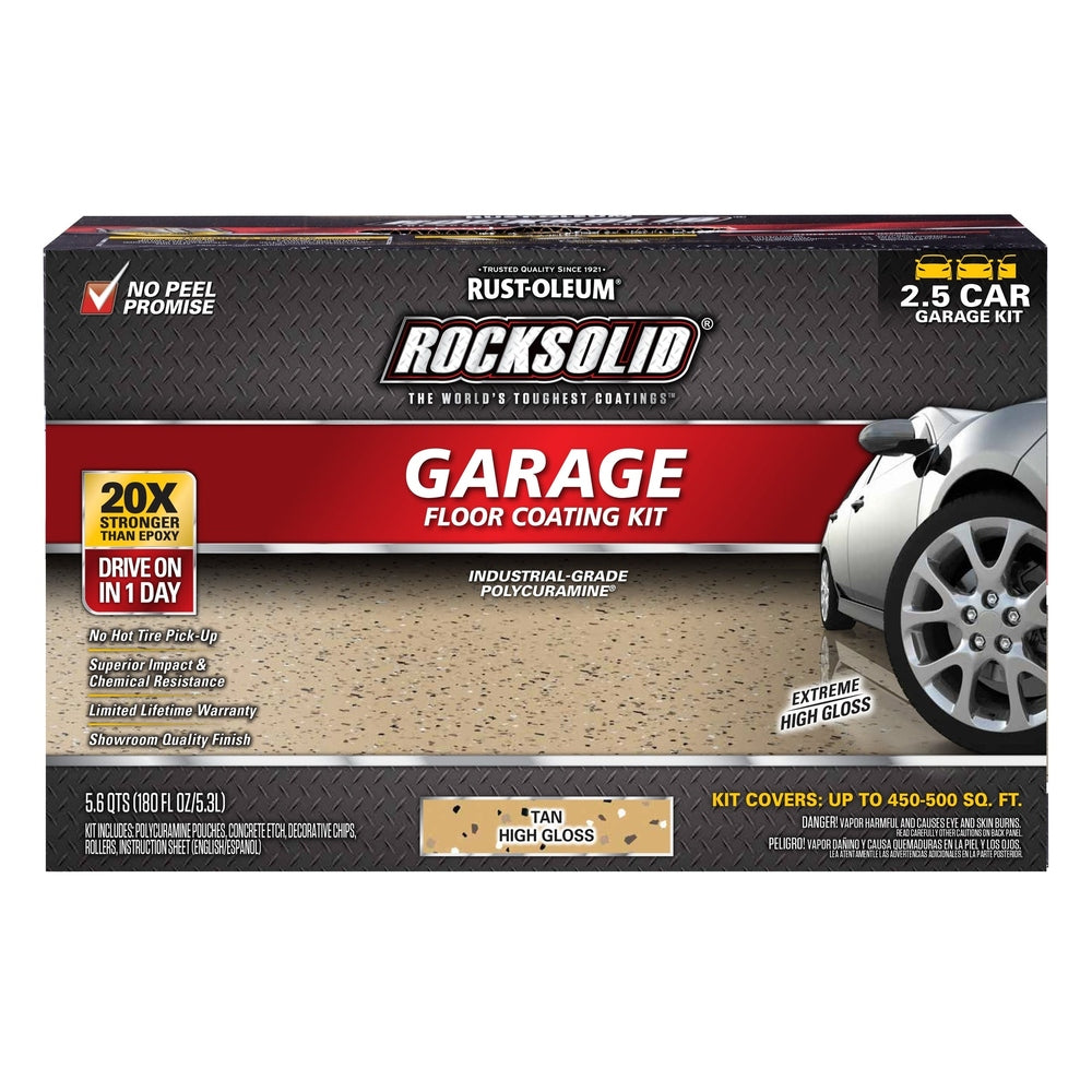 Rust-Oleum RockSolid 293515 Garage Floor Coating Kit, 2.5 Car Garage Kit, High Gloss, Tan, 180 fl. oz.