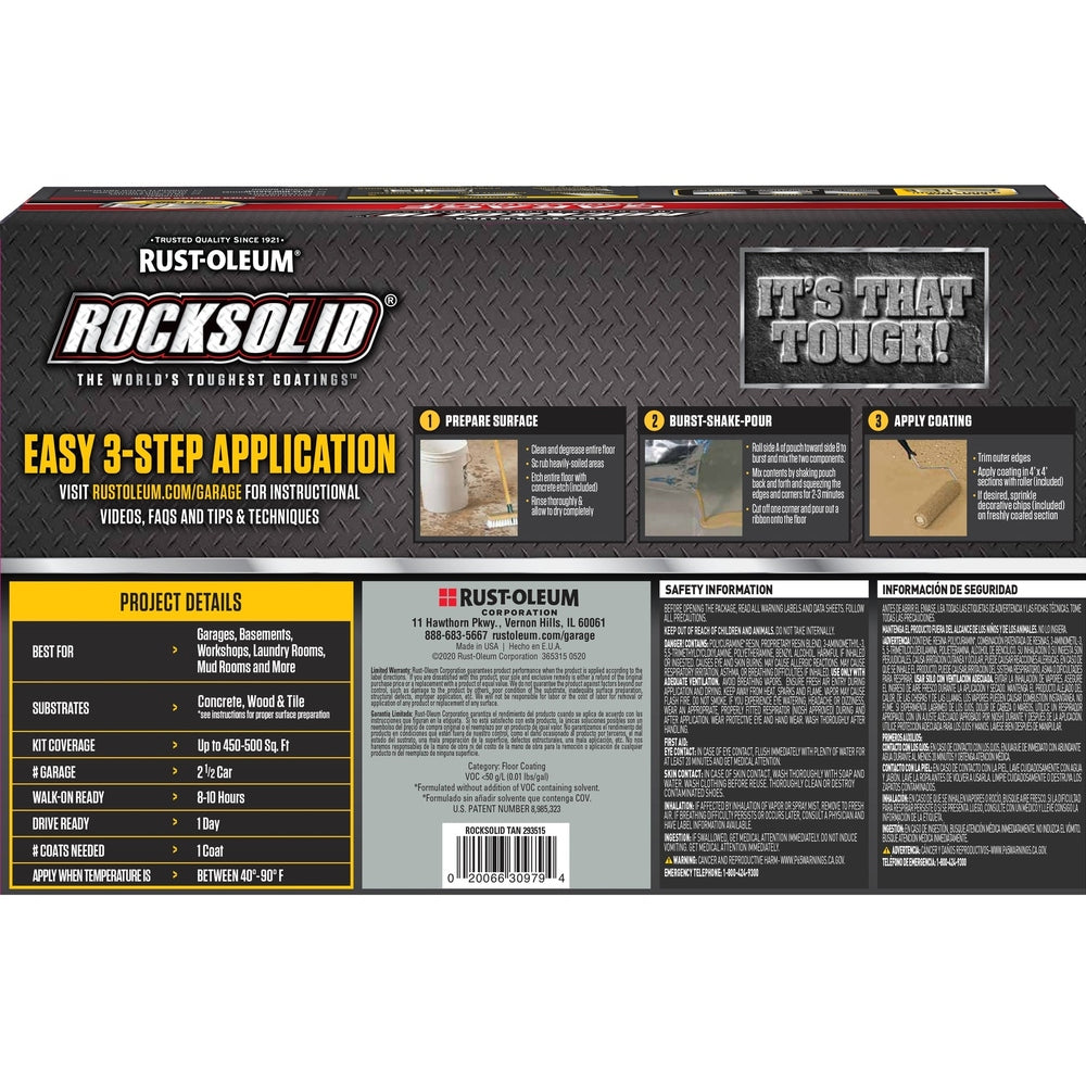 Rust-Oleum RockSolid 293515 Garage Floor Coating Kit, 2.5 Car Garage Kit, High Gloss, Tan, 180 fl. oz.