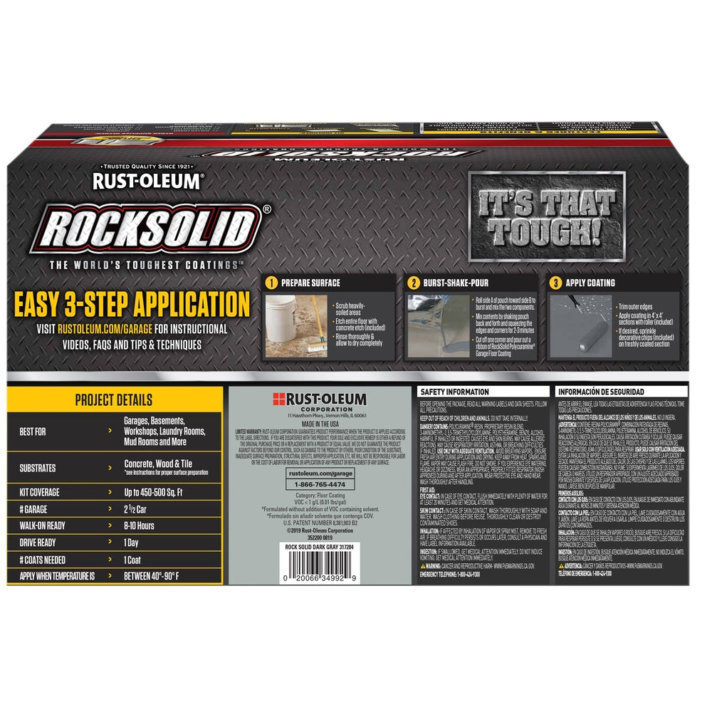 Rust-Oleum RockSolid 317284 Garage Floor Coating Kit, 2.5 Car Garage Kit, High Gloss, Dark Gray, 180 fl. oz.