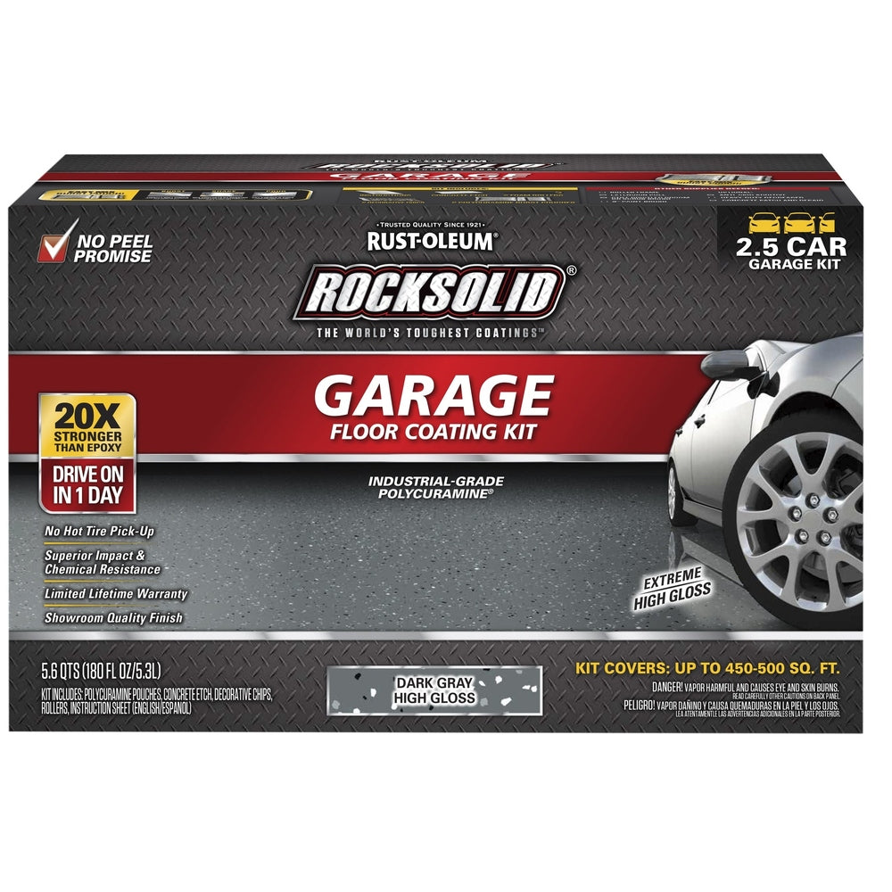 Rust-Oleum RockSolid 317284 Garage Floor Coating Kit, 2.5 Car Garage Kit, High Gloss, Dark Gray, 180 fl. oz.