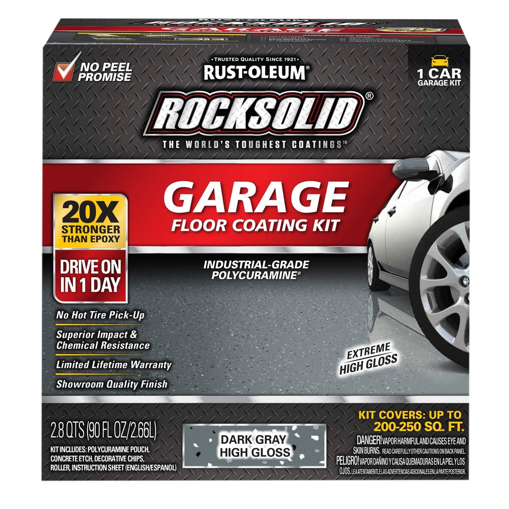 Rust-Oleum RockSolid 317286 Garage Floor Coating Kit, 1 Car Garage Kit, High Gloss, Dark Gray, 90 fl. oz.