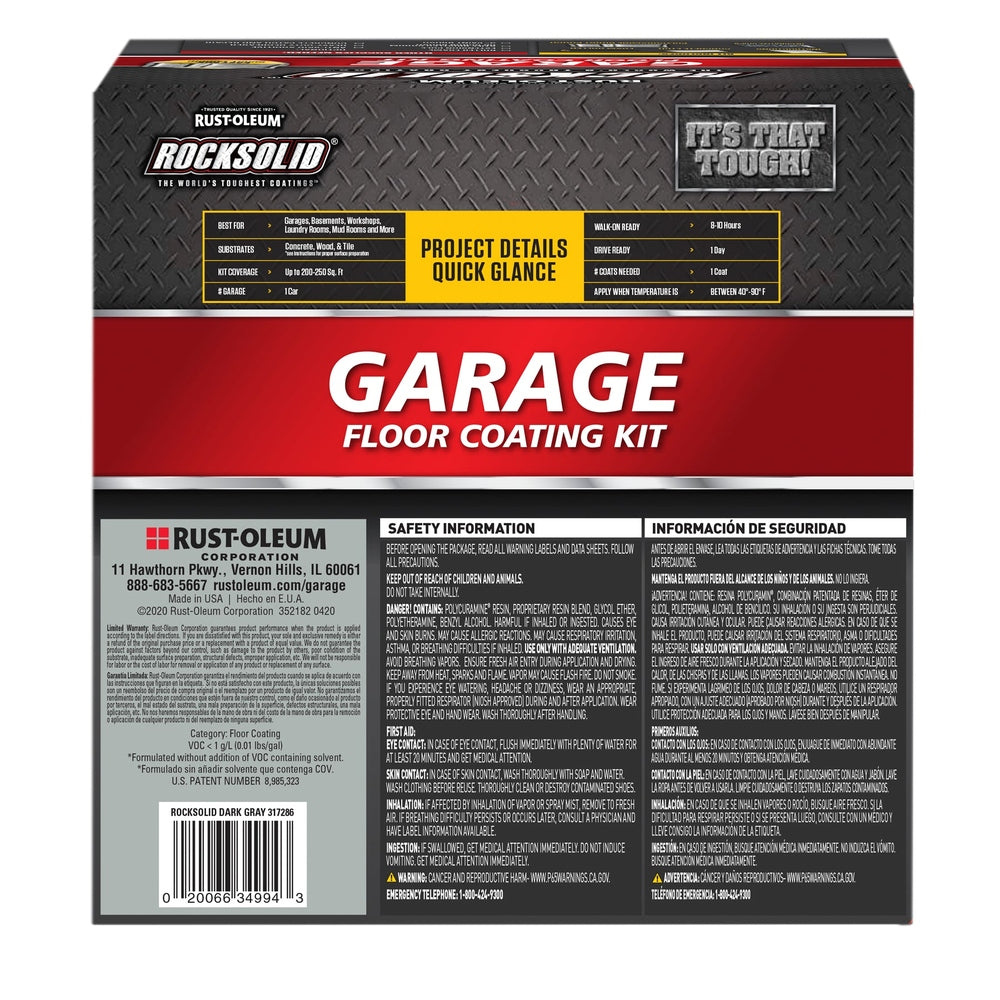 Rust-Oleum RockSolid 317286 Garage Floor Coating Kit, 1 Car Garage Kit, High Gloss, Dark Gray, 90 fl. oz.