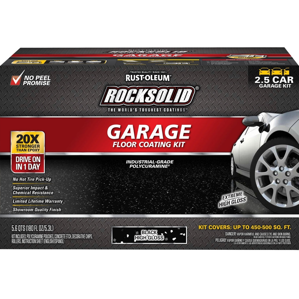 Rust-Oleum RockSolid 318697 Garage Floor Coating Kit, 2.5 Car Garage Kit, High Gloss, Black, 180 fl. oz.