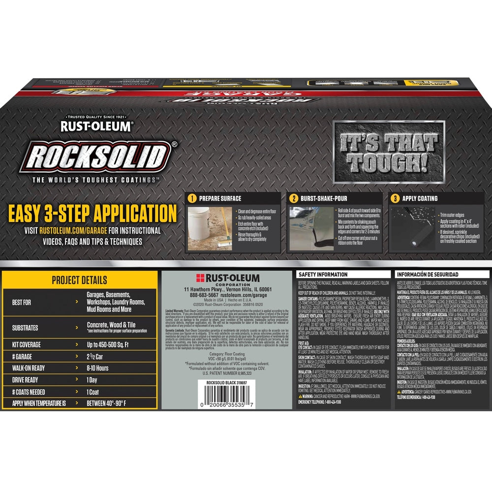 Rust-Oleum RockSolid 318697 Garage Floor Coating Kit, 2.5 Car Garage Kit, High Gloss, Black, 180 fl. oz.