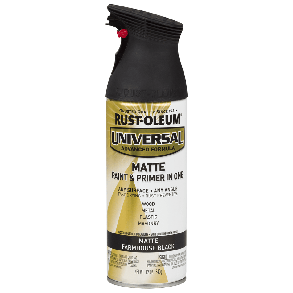 Rust-Oleum Universal 330505 Matte Paint & Primer In One Spray, Farmhouse Black, 12 oz.