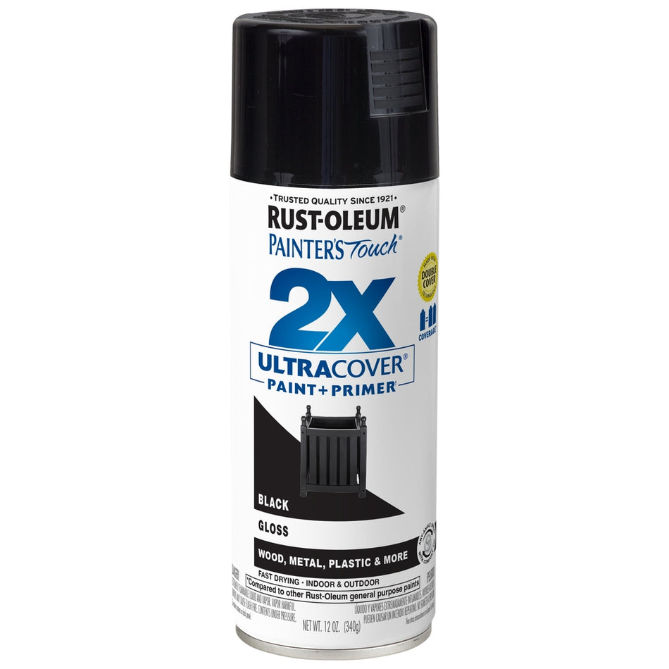 Rust-Oleum Painter's Touch 334026 2X Ultra Cover Paint + Primer Enamel Spray, Gloss Black, 12 oz.