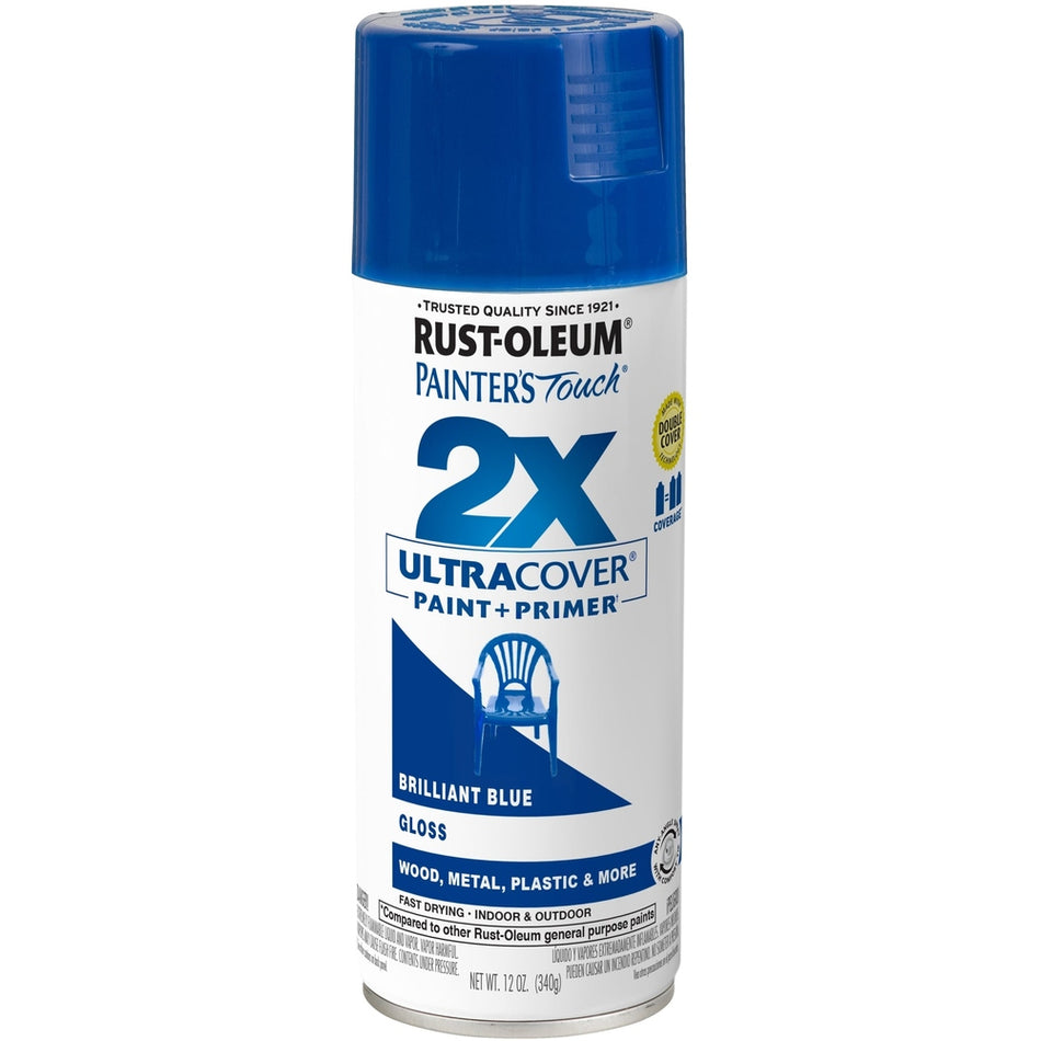 Rust-Oleum Painter's Touch 334027 2X Ultra Cover Paint + Primer Enamel Spray, Gloss Brilliant Blue, 12 oz.