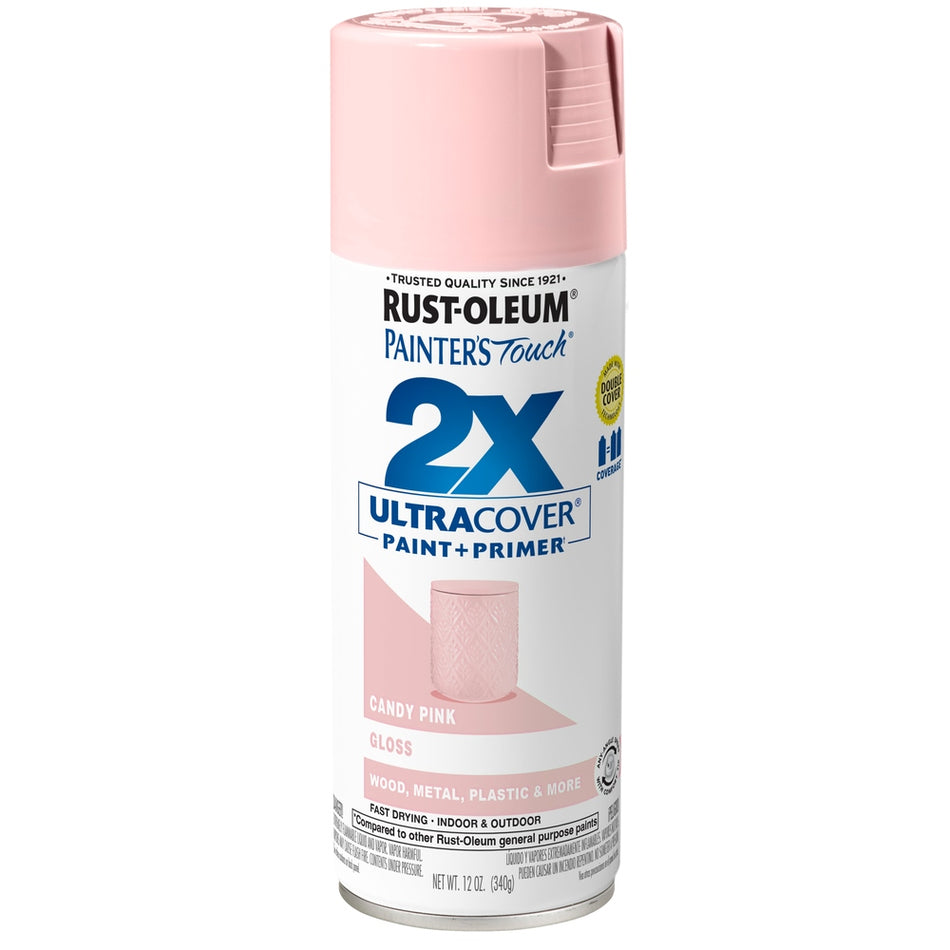 Rust-Oleum Painter's Touch 334028 2X Ultra Cover Paint + Primer Enamel Spray, Gloss Candy Pink, 12 oz.