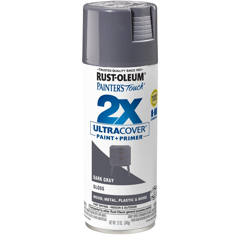 Rust-Oleum Painter's Touch 334031 2X Ultra Cover Paint + Primer Enamel Spray, Gloss Dark Gray, 12 oz.