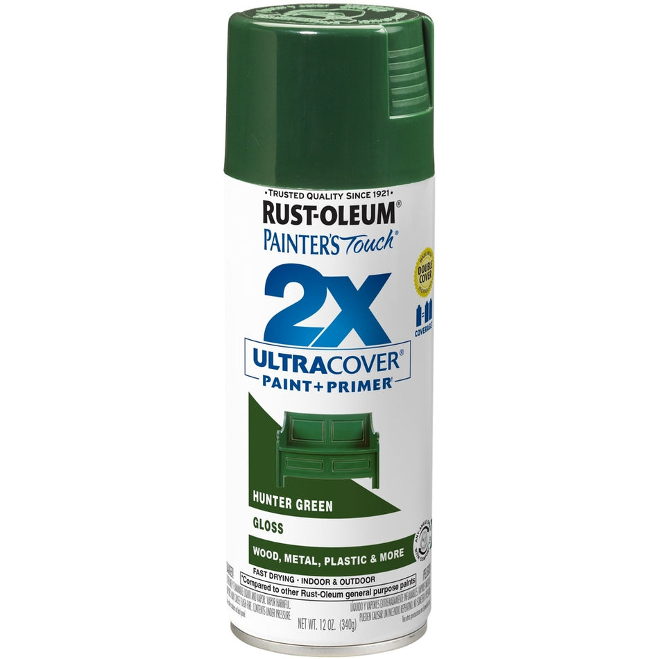 Rust-Oleum Painter's Touch 334034 2X Ultra Cover Paint + Primer Enamel Spray, Gloss Hunter Green, 12 oz.