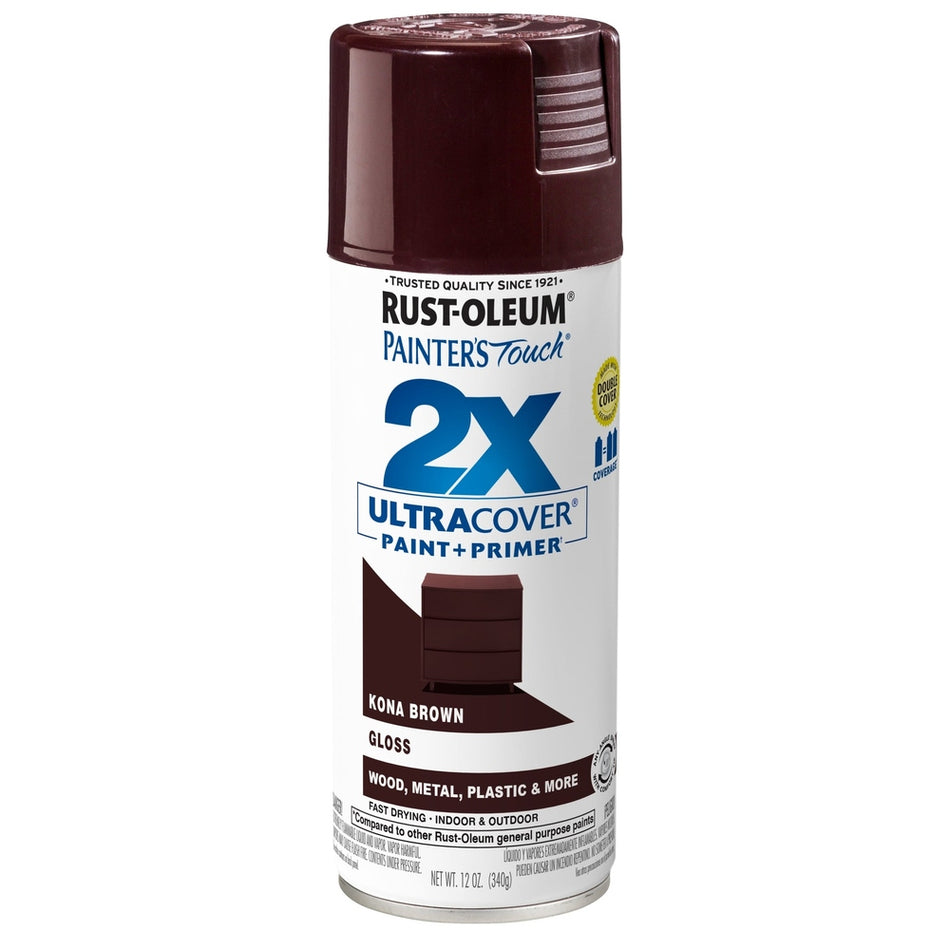 Rust-Oleum Painter's Touch 334038 2X Ultra Cover Paint + Primer Enamel Spray, Gloss Kona Brown, 12 oz.