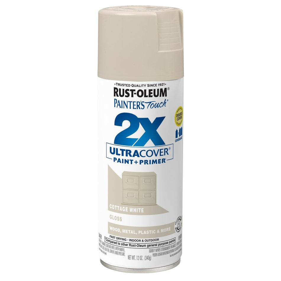 Rust-Oleum Painter's Touch 334040 2X Ultra Cover Paint + Primer Enamel Spray, Gloss Cottage White, 12 oz.