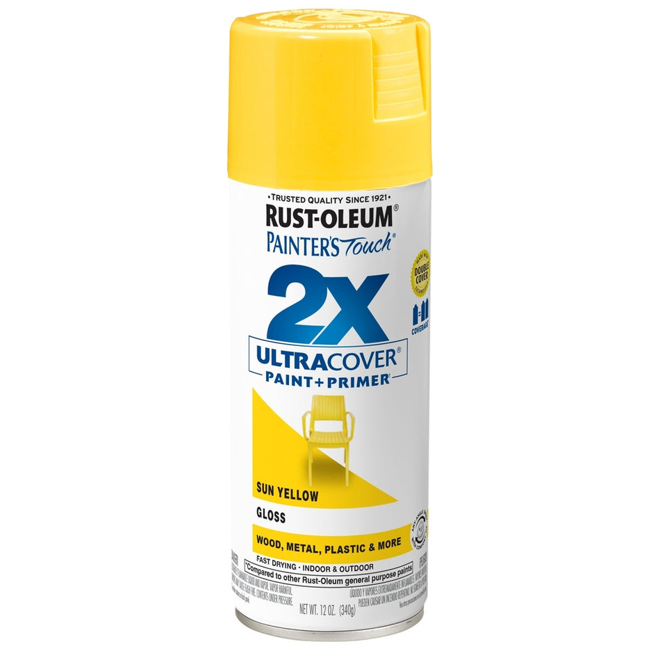 Rust-Oleum Painter's Touch 334046 2X Ultra Cover Paint + Primer Enamel Spray, Gloss Sun Yellow, 12 oz.