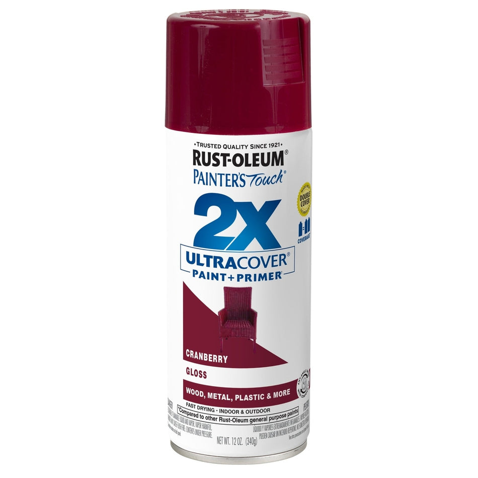 Rust-Oleum Painter's Touch 334051 2X Ultra Cover Paint + Primer Enamel Spray, Gloss Cranberry, 12 oz.