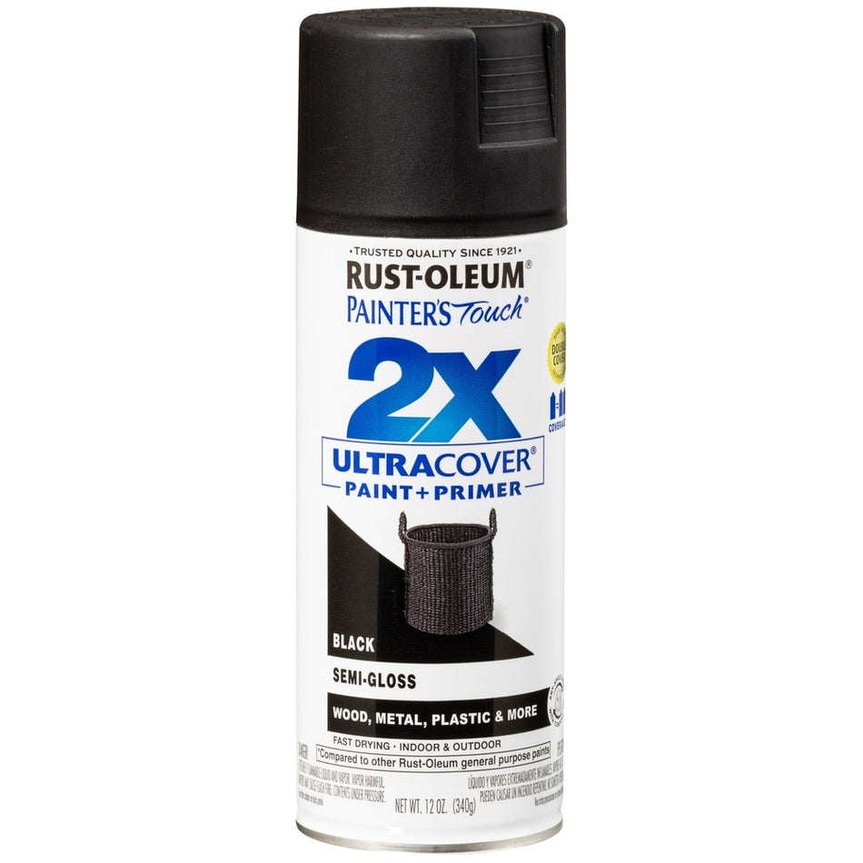 Rust-Oleum Painter's Touch 334097 2X Ultra Cover Paint + Primer Enamel Spray, Semi-Gloss Black, 12 oz.