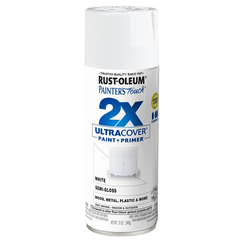 Rust-Oleum Painter's Touch 334098 2X Ultra Cover Paint + Primer Enamel Spray, Semi-Gloss White, 12 oz.
