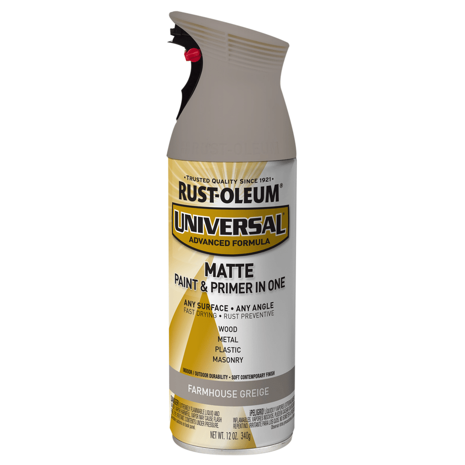 Rust-Oleum Universal 376724 Matte Paint & Primer In One Spray, Farmhouse Greige, 12 oz.