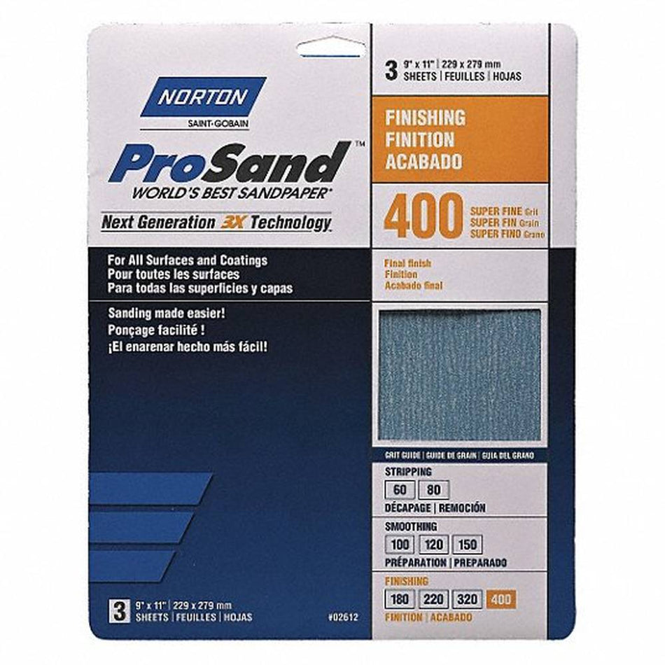 Norton 02612 ProSand Super Fine 400 Grit Hand Sanding Sheets, 9" × 11" – Handy Pack of 3