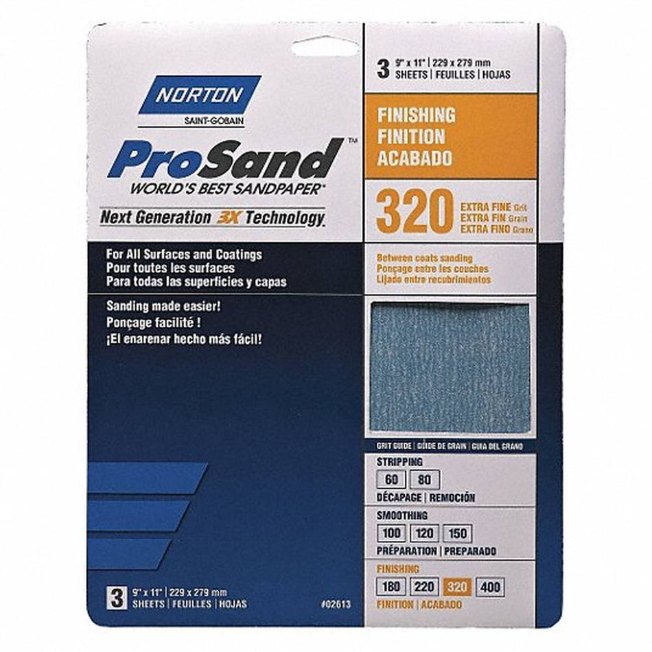 Norton 02613 ProSand Extra Fine 320 Grit Hand Sanding Sheets, 9" × 11" – Handy Pack of 3