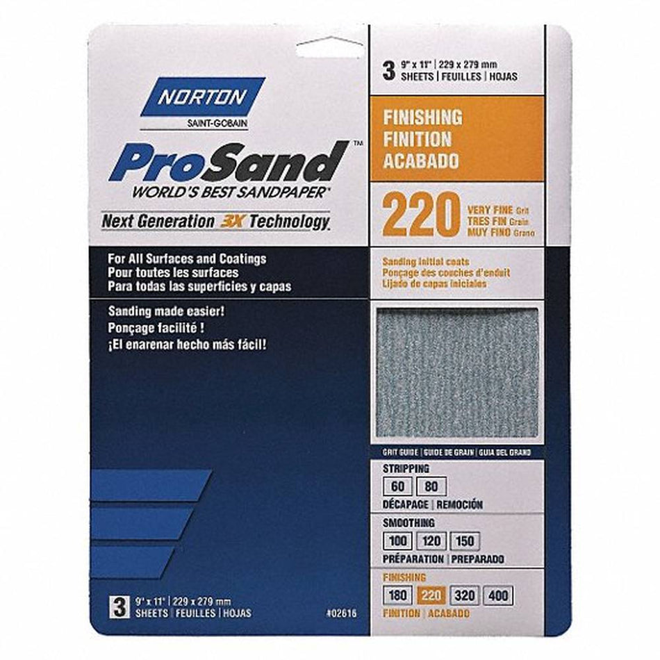 Norton 02616 ProSand Very Fine 220 Grit Hand Sanding Sheets, 9" × 11" – Handy Pack of 3