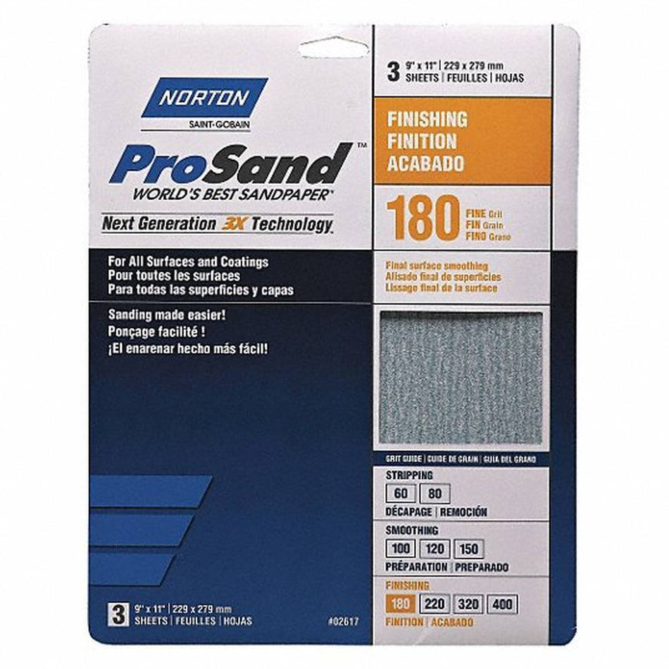 Norton 02617 ProSand Fine 180 Grit Hand Sanding Sheets, 9" × 11" – Handy Pack of 3