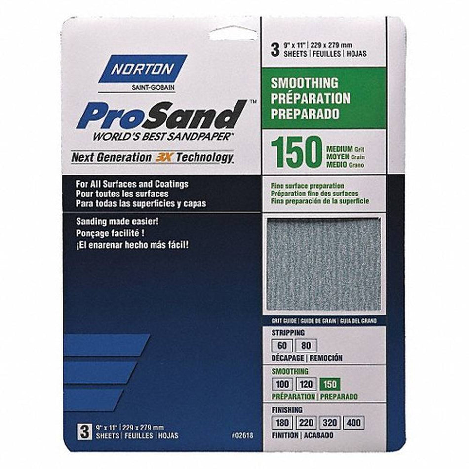 Norton 02618 ProSand Medium 150 Grit Hand Sanding Sheets, 9" × 11" – Handy Pack of 3