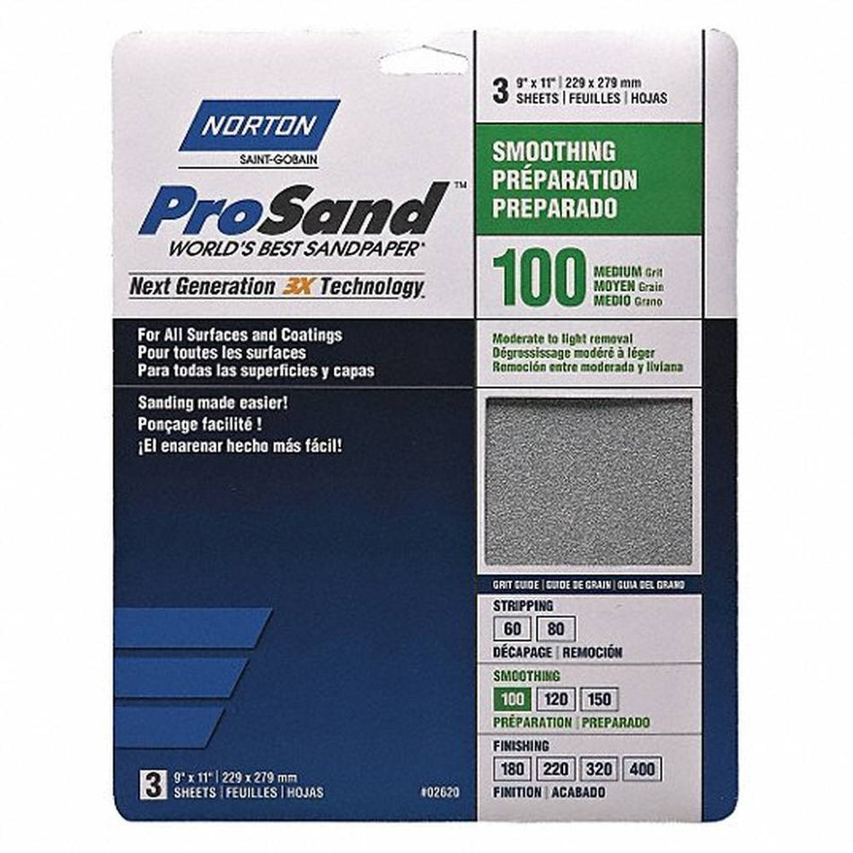 Norton 02620 ProSand Medium 100 Grit Hand Sanding Sheets, 9" × 11" – Handy Pack of 3