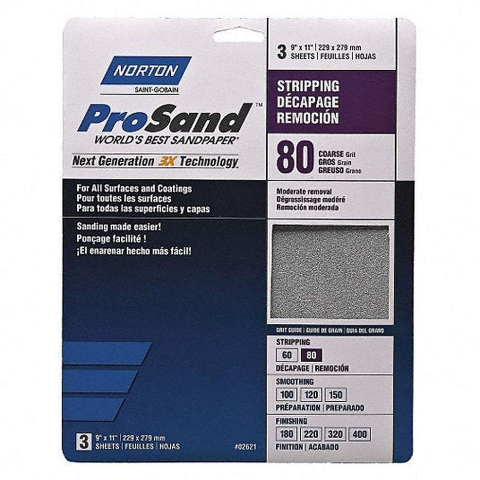 Norton 02621 ProSand Coarse 80 Grit Hand Sanding Sheets, 9" × 11" – Handy Pack of 3