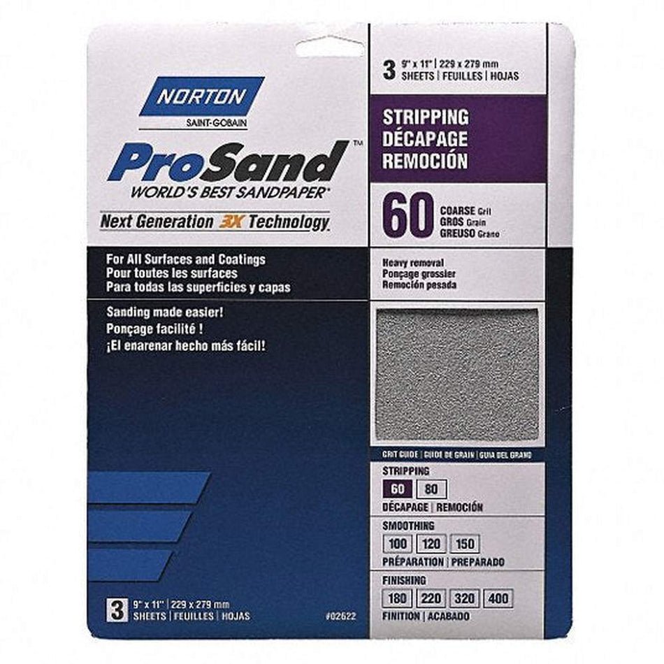 Norton 02622 ProSand Coarse 60 Grit Hand Sanding Sheets, 9" x 11" – Handy Pack of 3