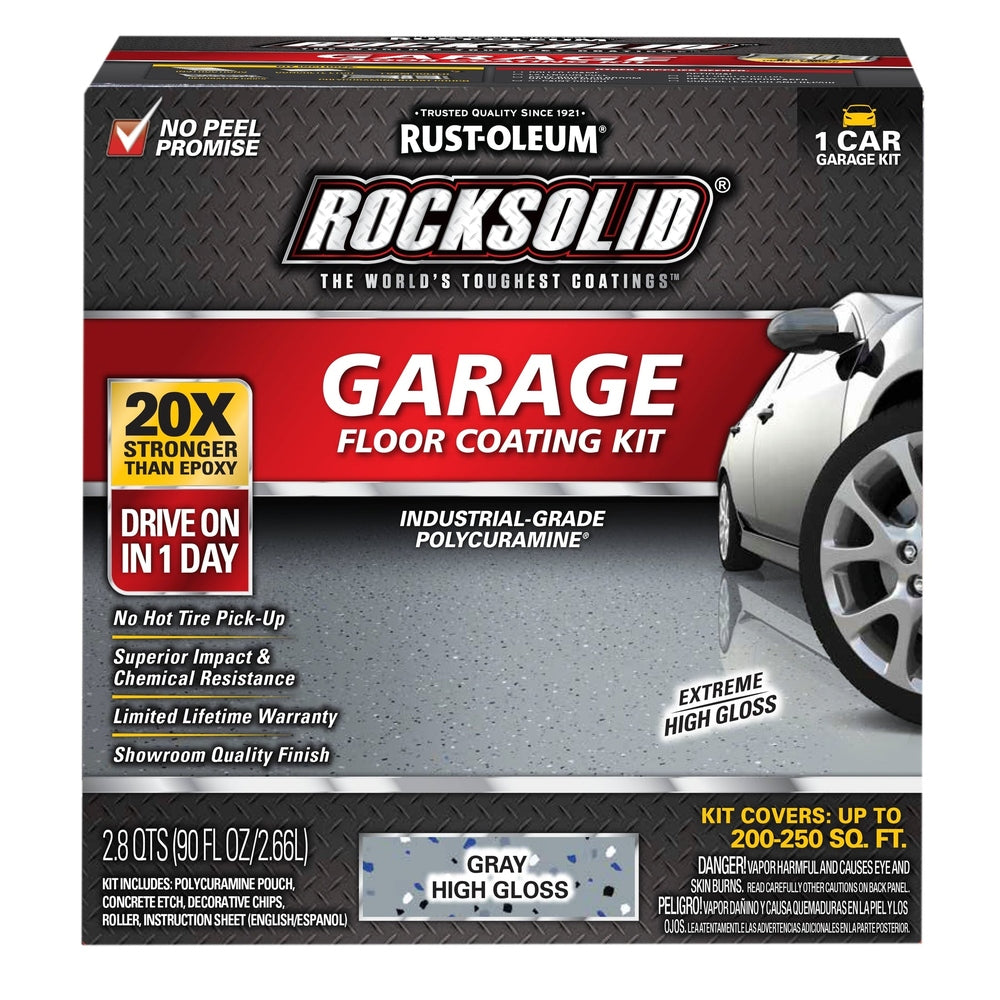 Rust-Oleum RockSolid 60003 Garage Floor Coating Kit, 1 Car Garage Kit, High Gloss, Gray, 90 fl. oz.
