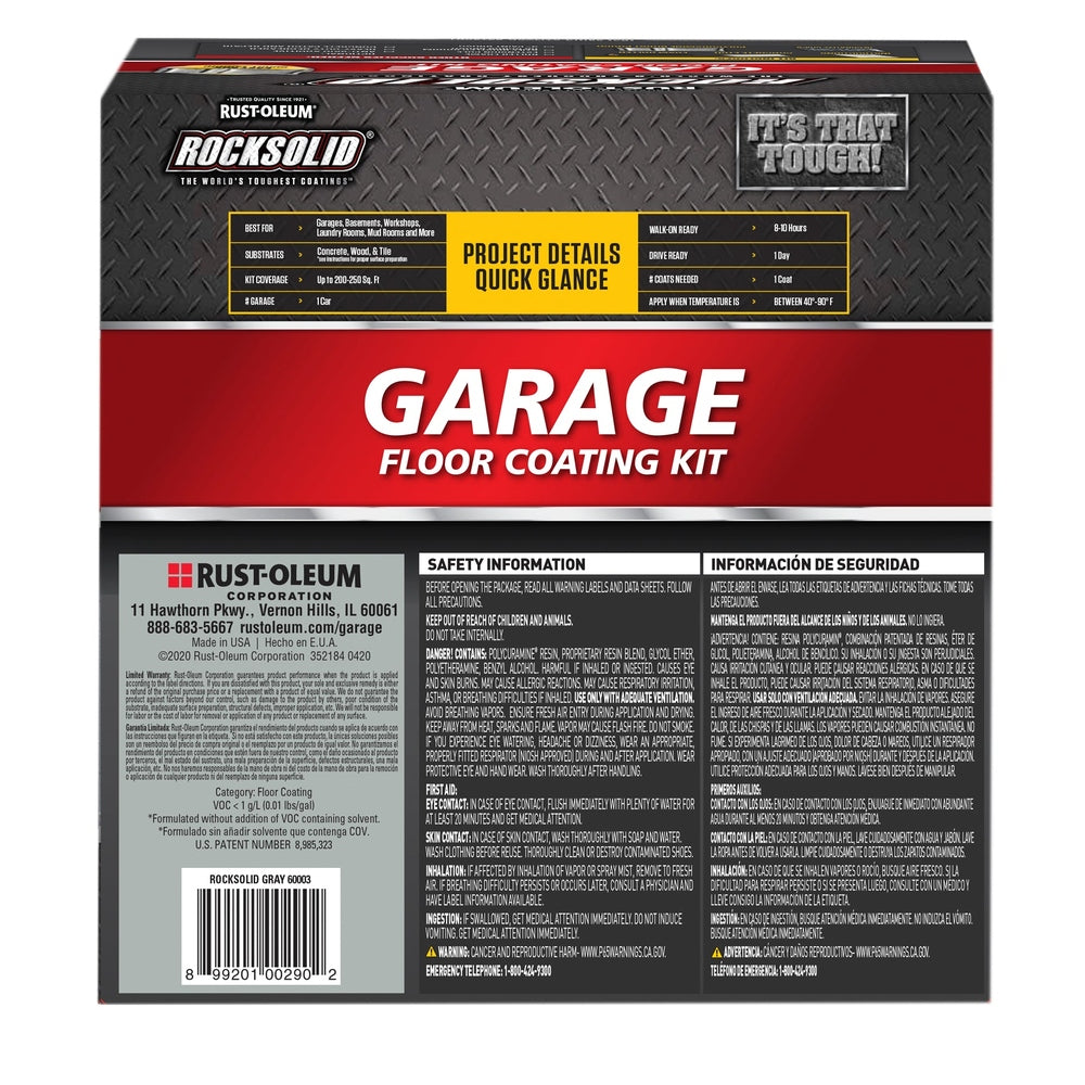 Rust-Oleum RockSolid 60003 Garage Floor Coating Kit, 1 Car Garage Kit, High Gloss, Gray, 90 fl. oz.