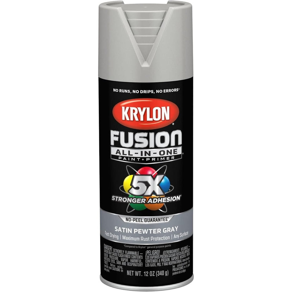 Krylon K02744007 Fusion All-in-One Spray Paint, Satin Pewter Gray, 12 oz.