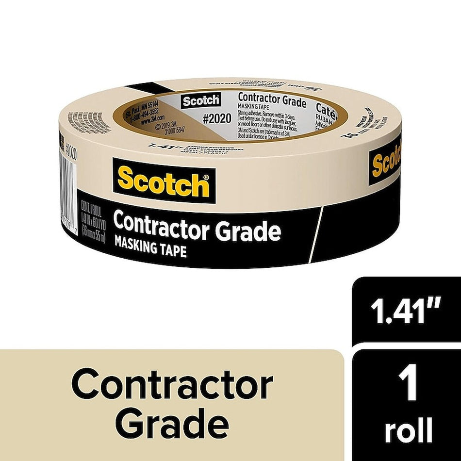 3M Scotch Contractor Grade Masking Tape 2020-36AP, 1.41 in × 60.1 yd (36 mm x 55 m)