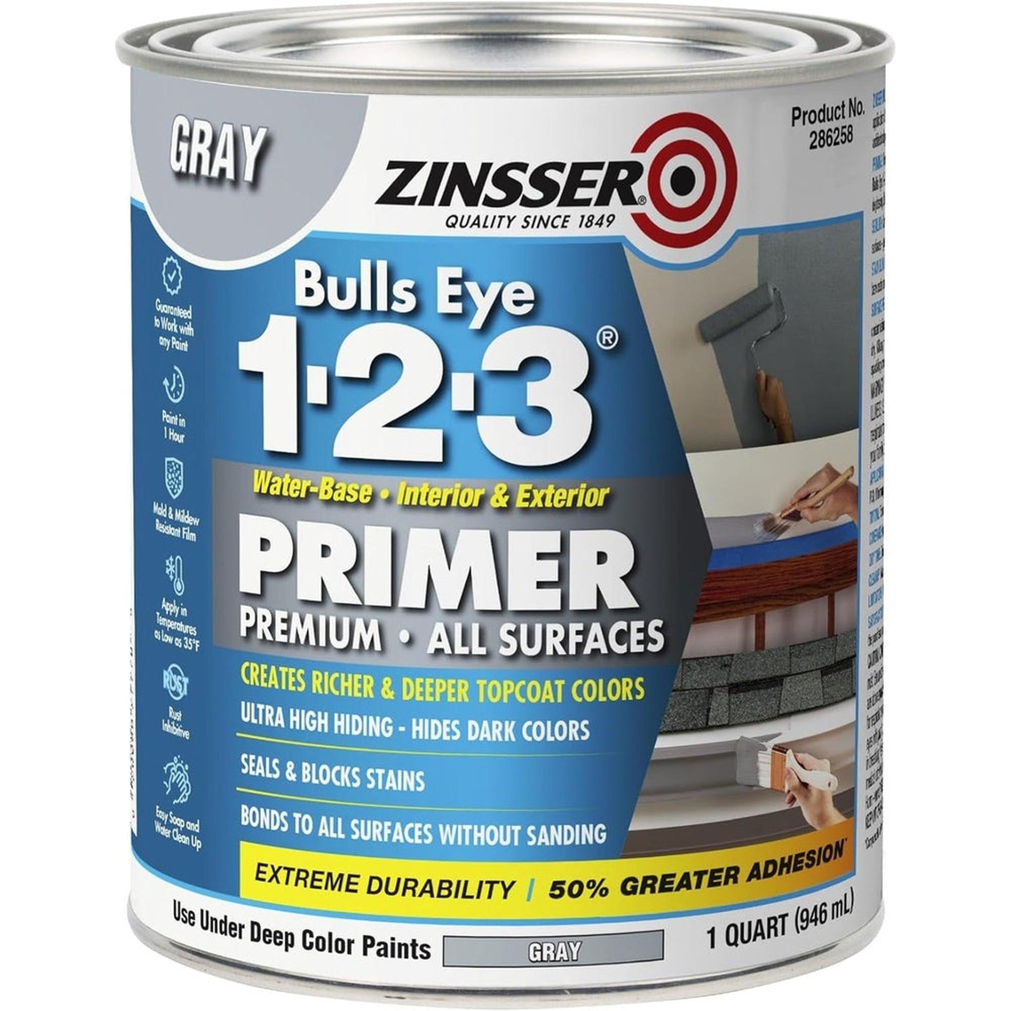 Rust-Oleum Zinsser 286258 Bulls Eye 1-2-3 Water-Base Primer, Gray, 1 Quart