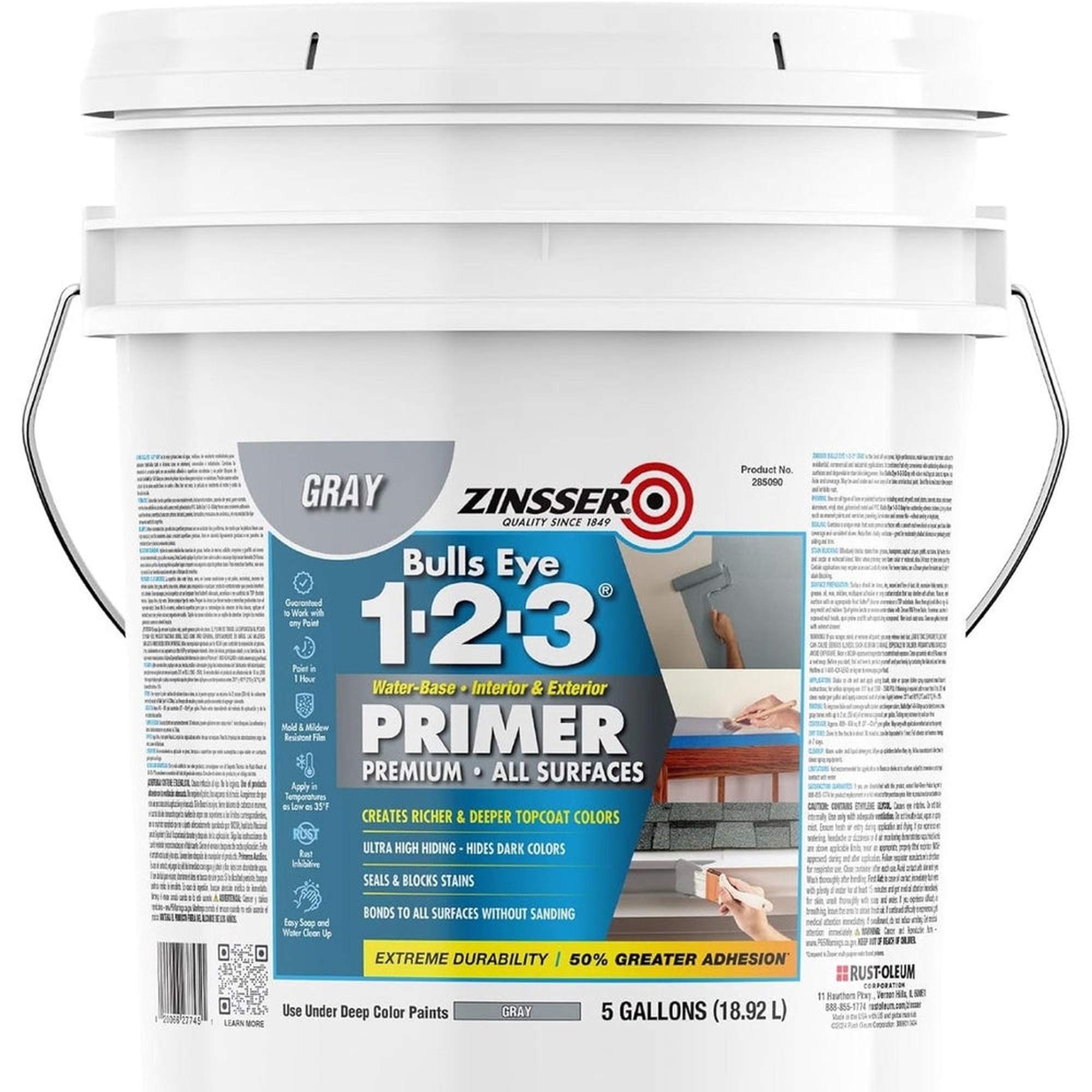 Rust-Oleum Zinsser 285090 Bulls Eye 1-2-3 Water-Base Primer, Gray, 5 Gallons